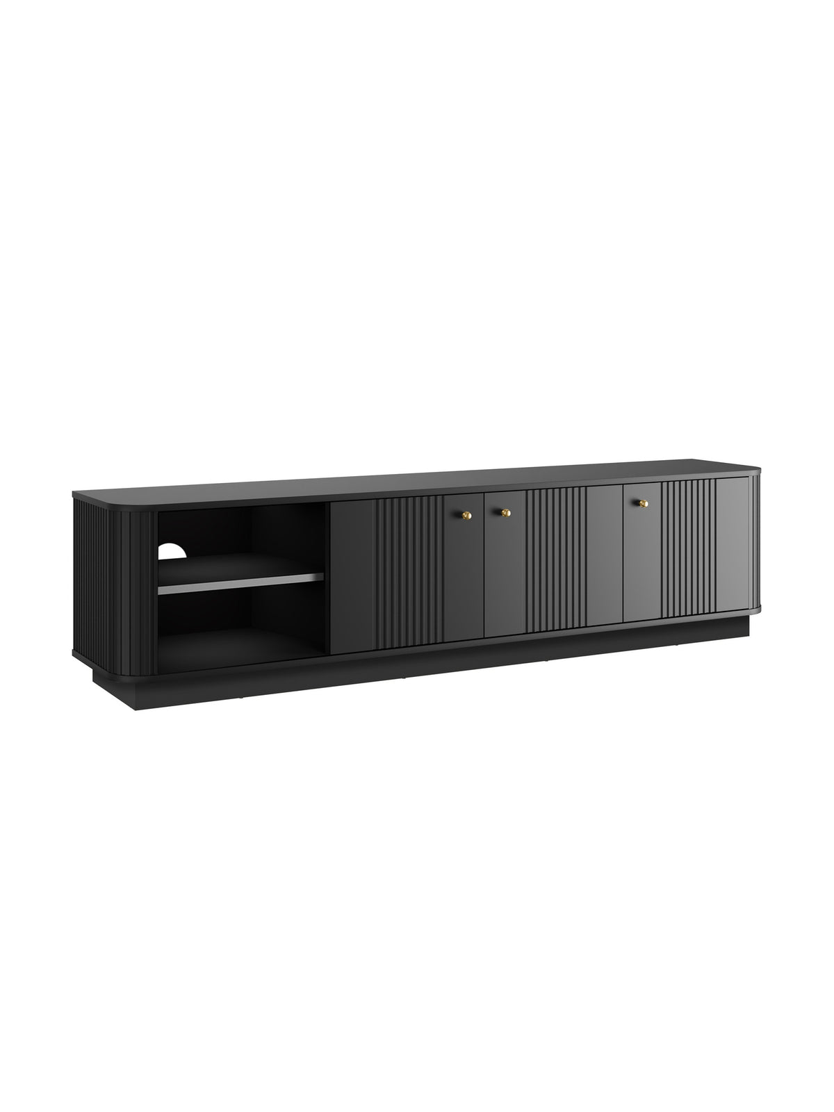 Szafka RTV Vesper 3D 187 cm czarna z trzema ryflowanymi drzwiami i złotymi uchwytami