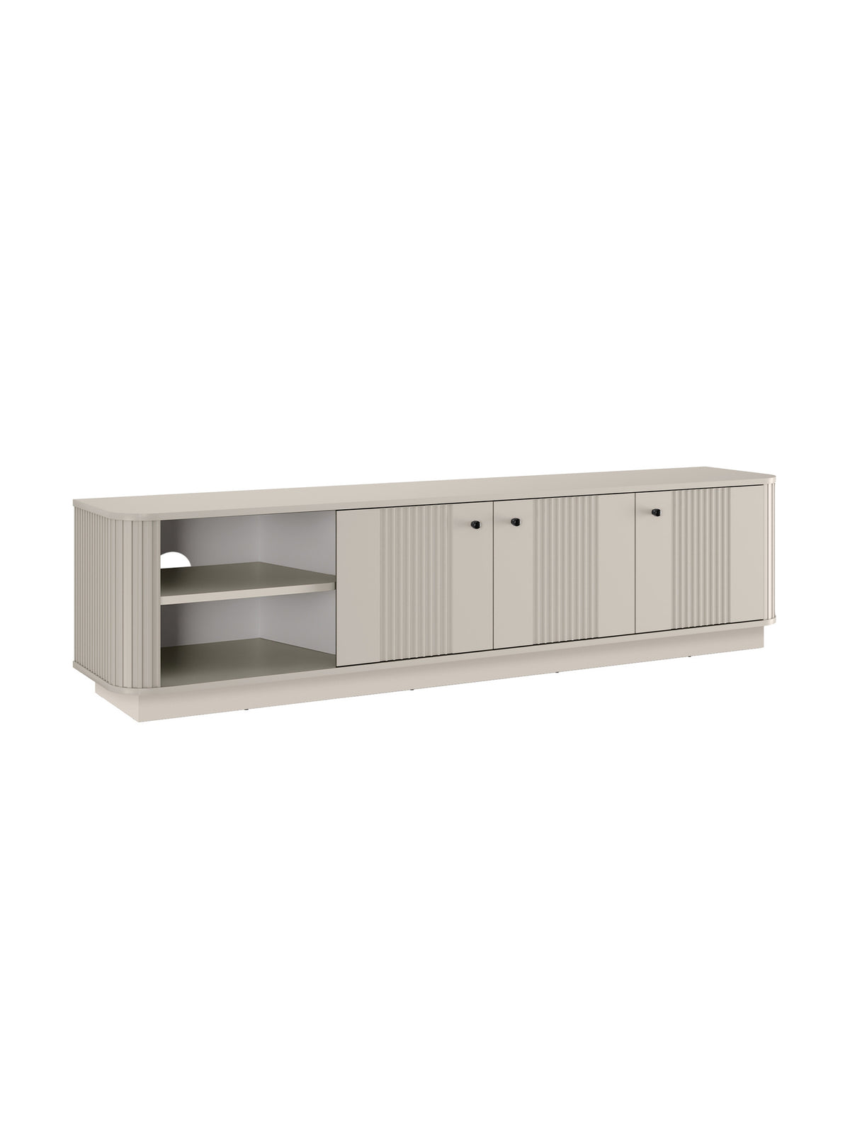 Szafka RTV Vesper 3D 187 cm kaszmir z czarnymi uchwytami na cokole, ryflowany front
