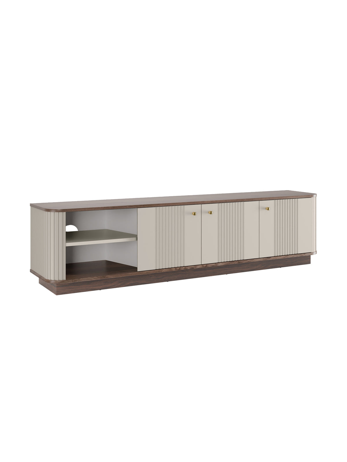 Szafka RTV Vesper 3D 187 cm na cokole kaszmir z orzechem i złotymi uchwytami