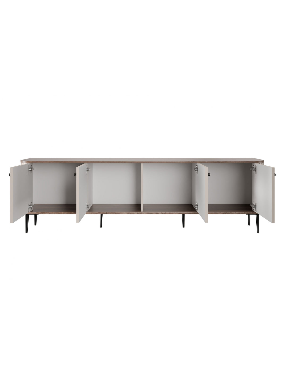 Szafka RTV Vesper 4D 187 cm kaszmir z orzechowym blatem i czarnymi nogami, otwarte drzwi