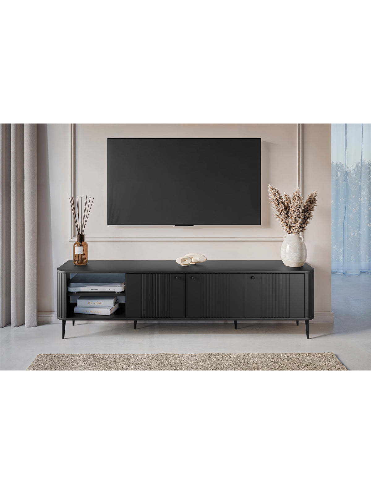 Szafka RTV Vesper 3D 187 cm czarna z ryflowanym frontem i trzema drzwiami