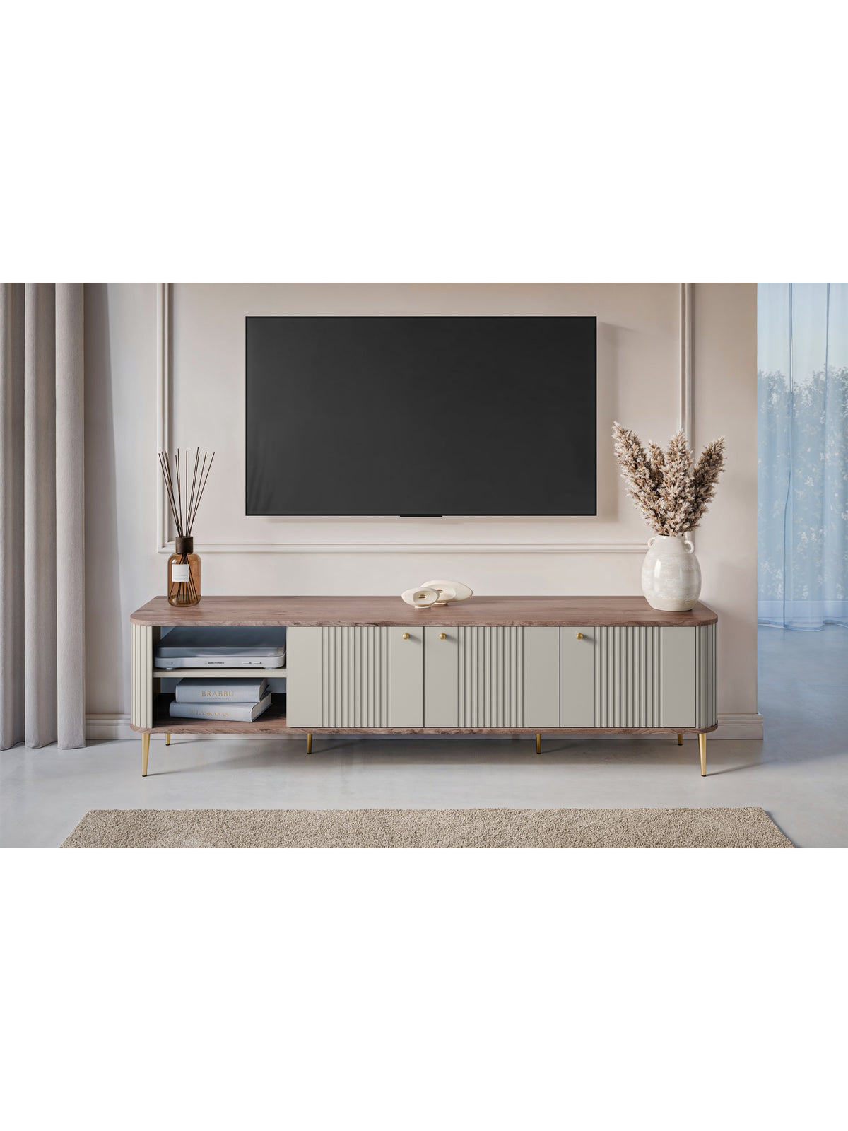 Szafka RTV Vesper 3D 187 cm kaszmir z ryflowanym frontem i złotymi nogami, widok frontu