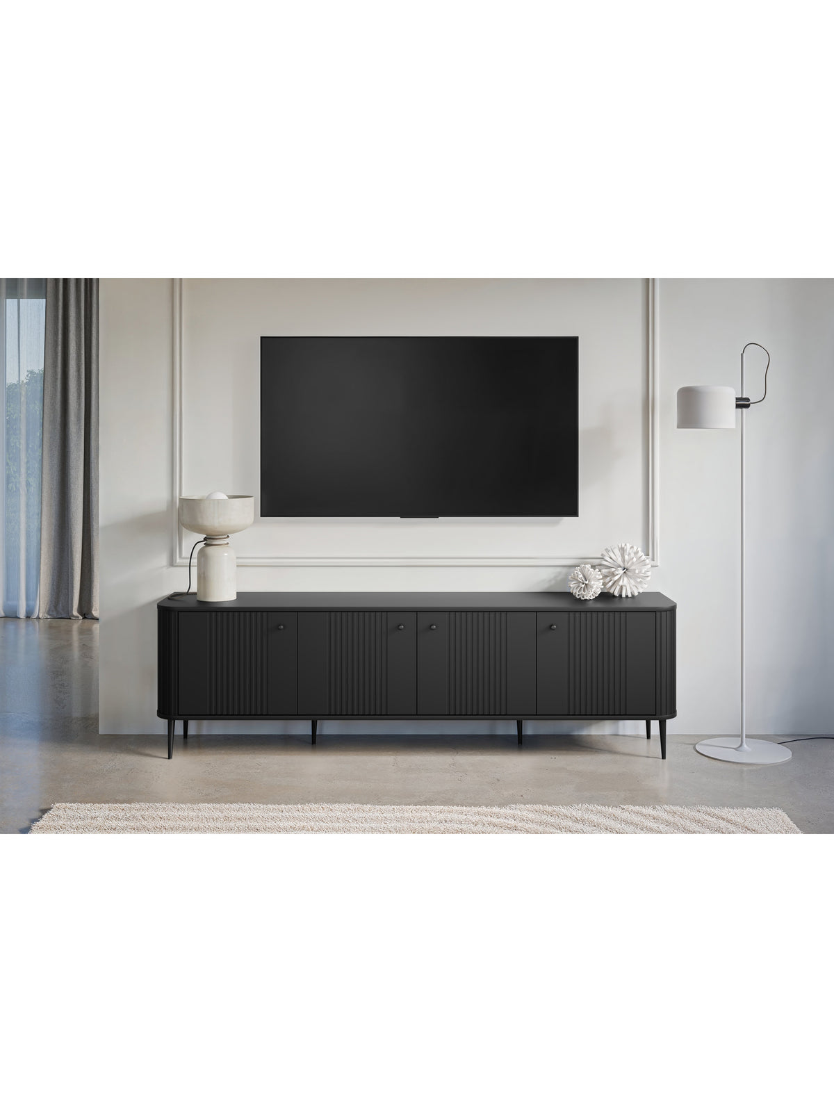 Szafka RTV Vesper 4D 187 cm czarna mat boki i nogi proste metalowe