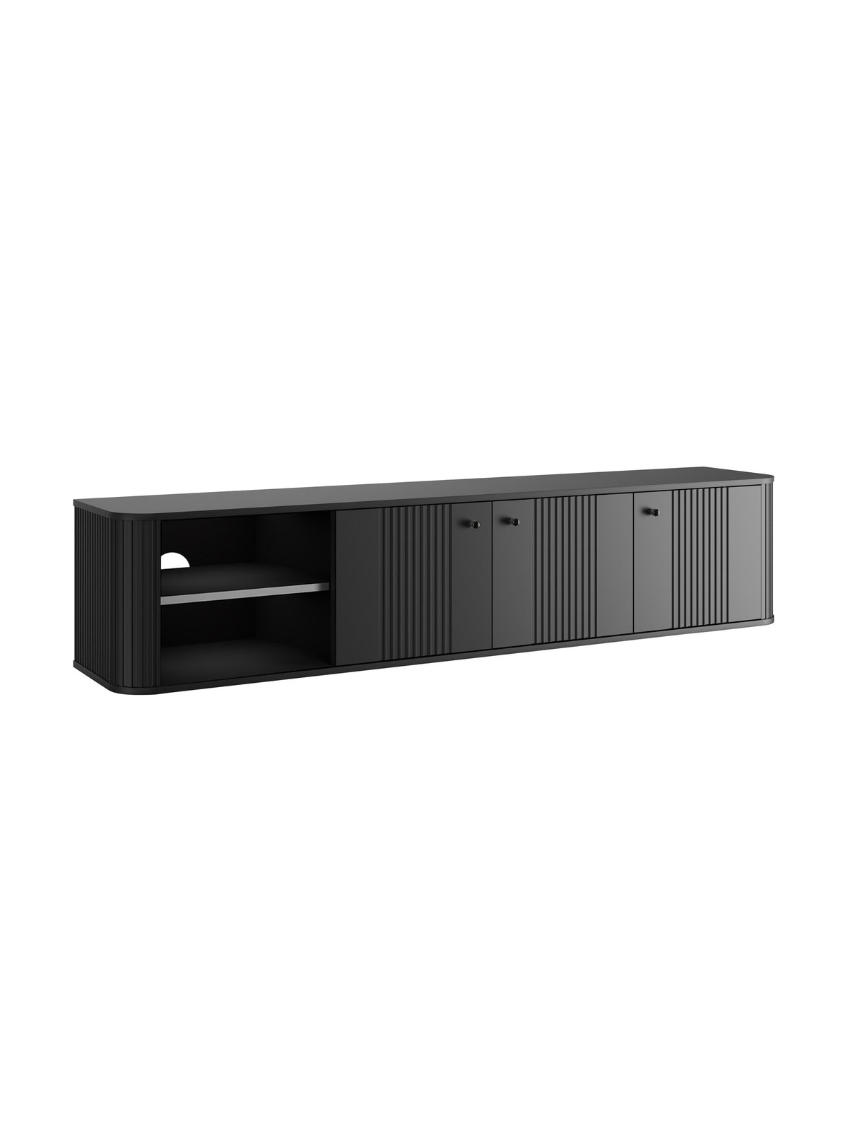 Wisząca szafka RTV Vesper 187 cm, trzydrzwiowa, czarna, ryflowany front