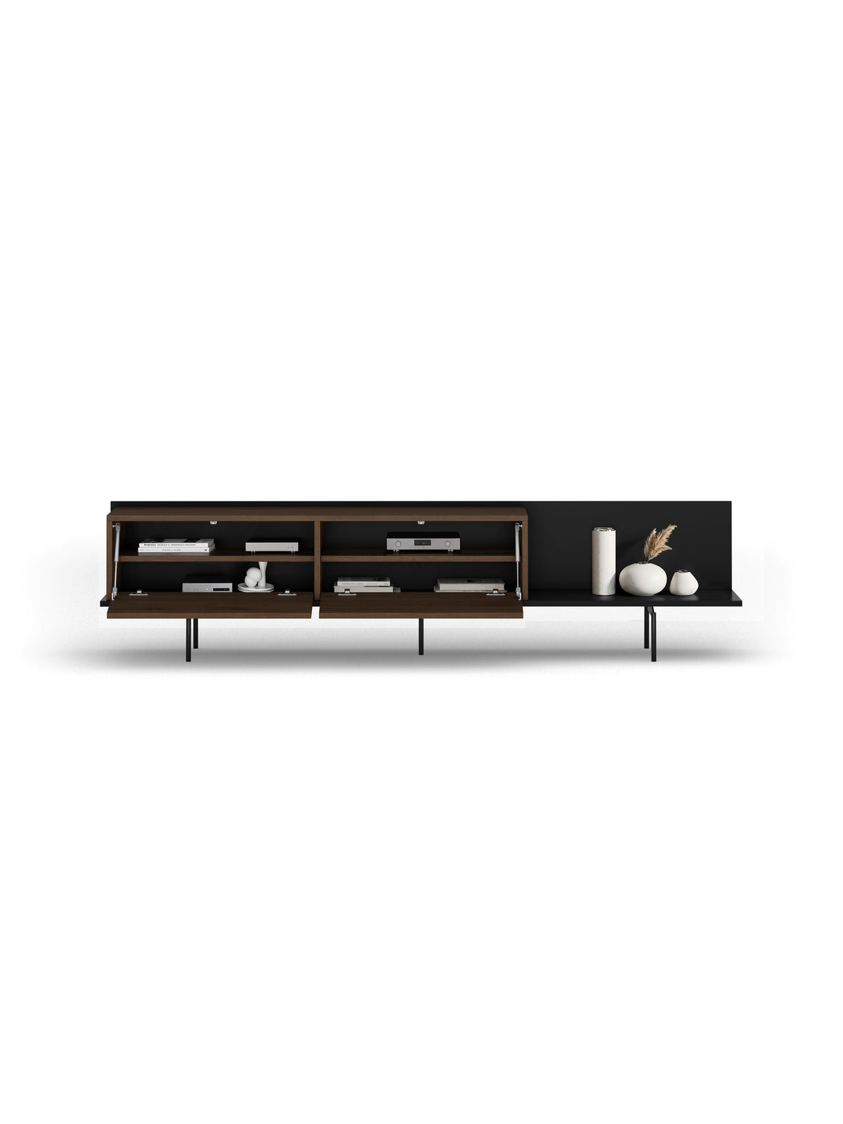 Szafka RTV Zenar 200 cm z metalowymi nogami w kolorze orzech elegant i czarnym