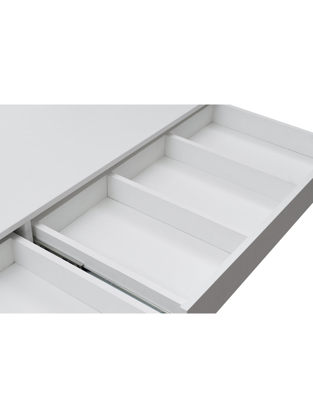 Toaletka Velinio XL 120 cm z 5 białymi szufladami i oświetleniem LED, widok wnętrza szuflady