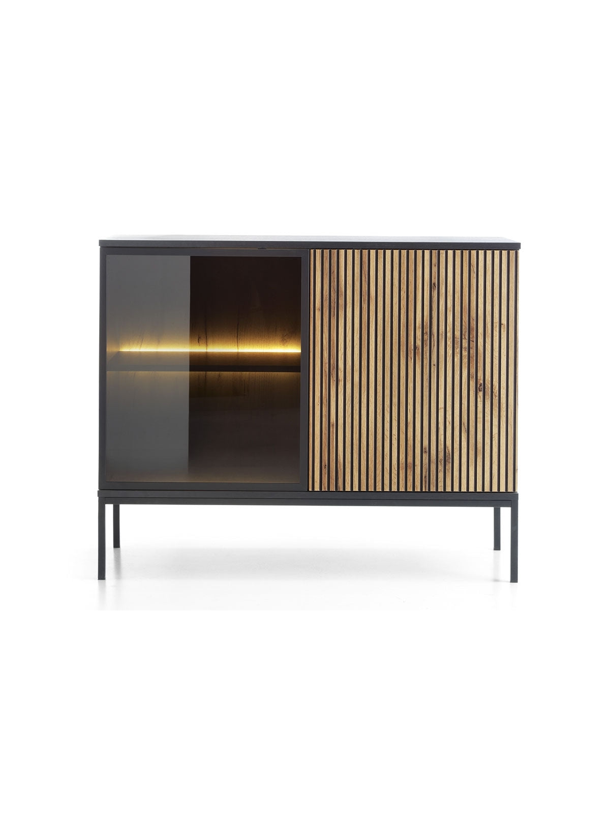 Komoda dwudrzwiowa Bogalo 104 cm czarna z frontem dąb wotan i oświetleniem LED