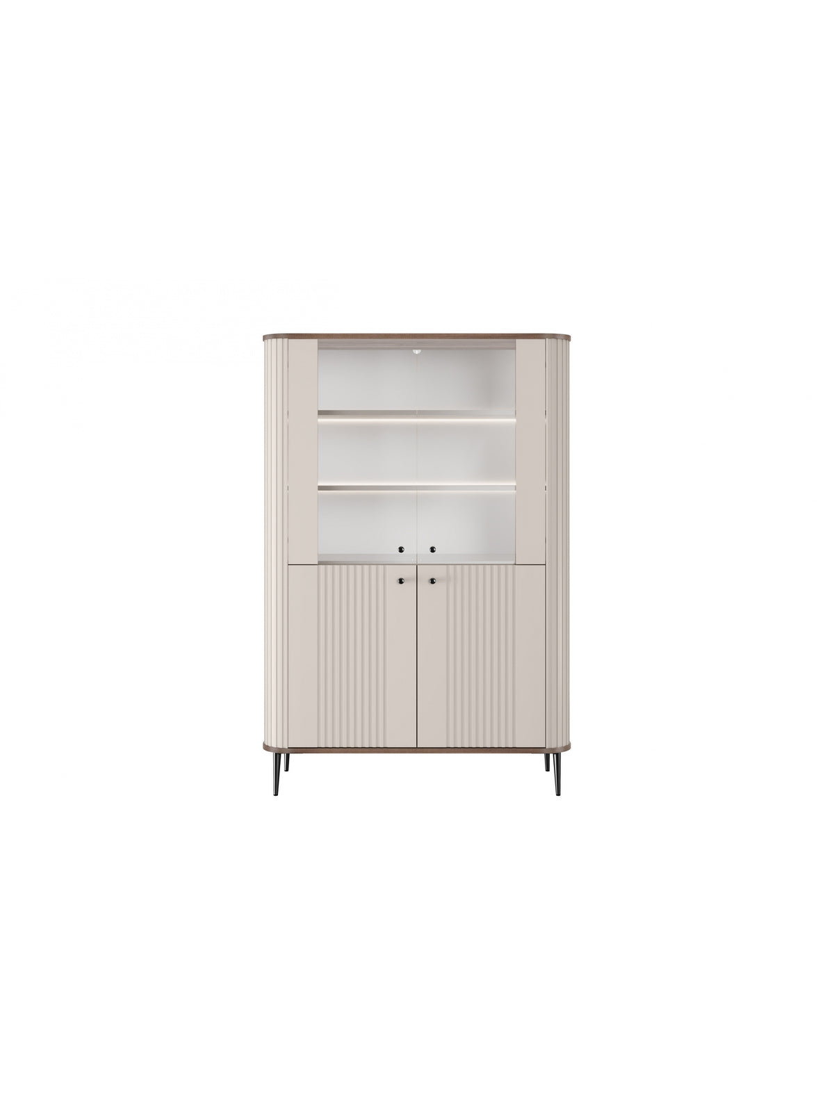 Witryna Vesper 103 cm czterodrzwiowa kaszmir z orzechowym blatem i czarnymi nogami