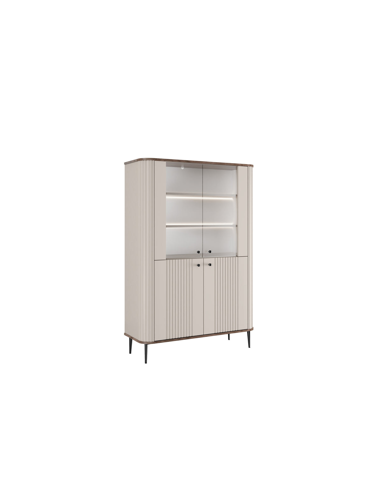 Witryna Vesper 103 cm kaszmir z orzechowym blatem i czarnymi nogami, czterodrzwiowa