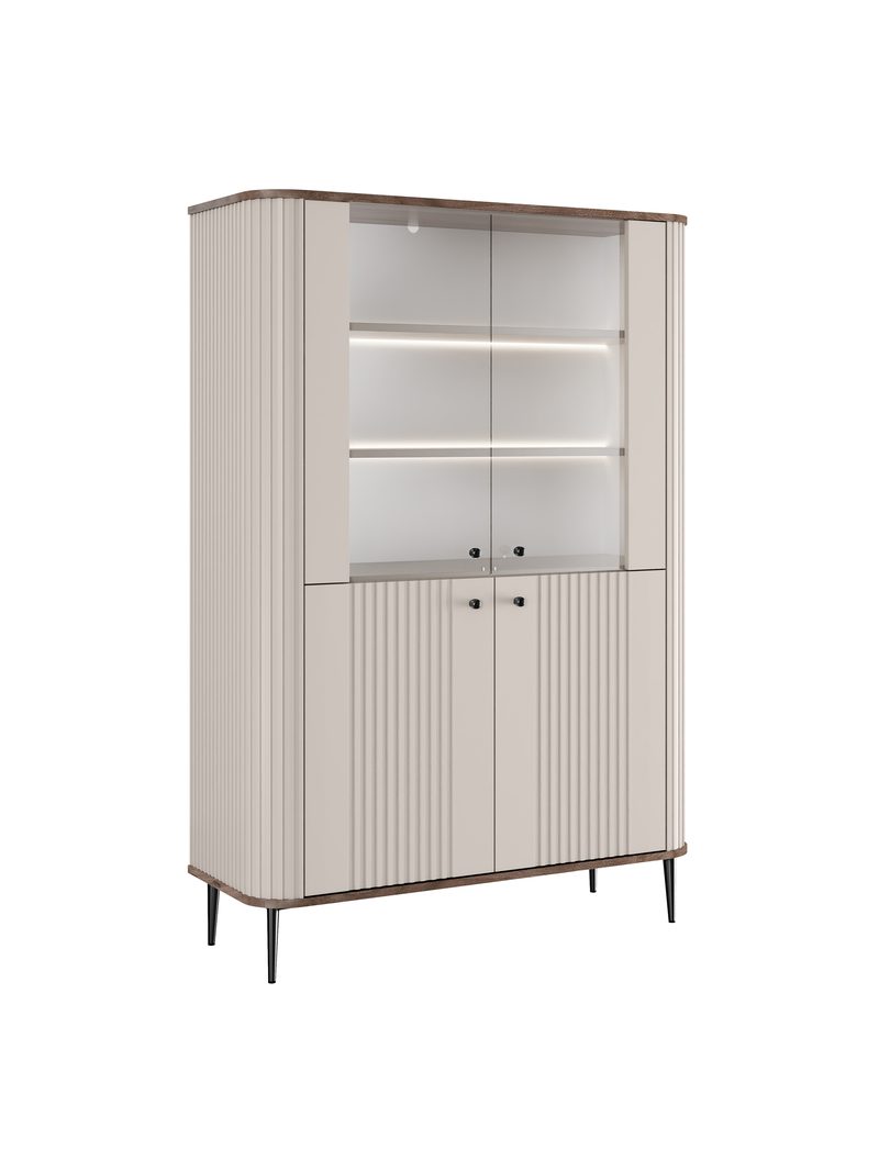 Witryna Vesper 103 cm kaszmir z orzechowym blatem i czarnymi nogami, czterodrzwiowa