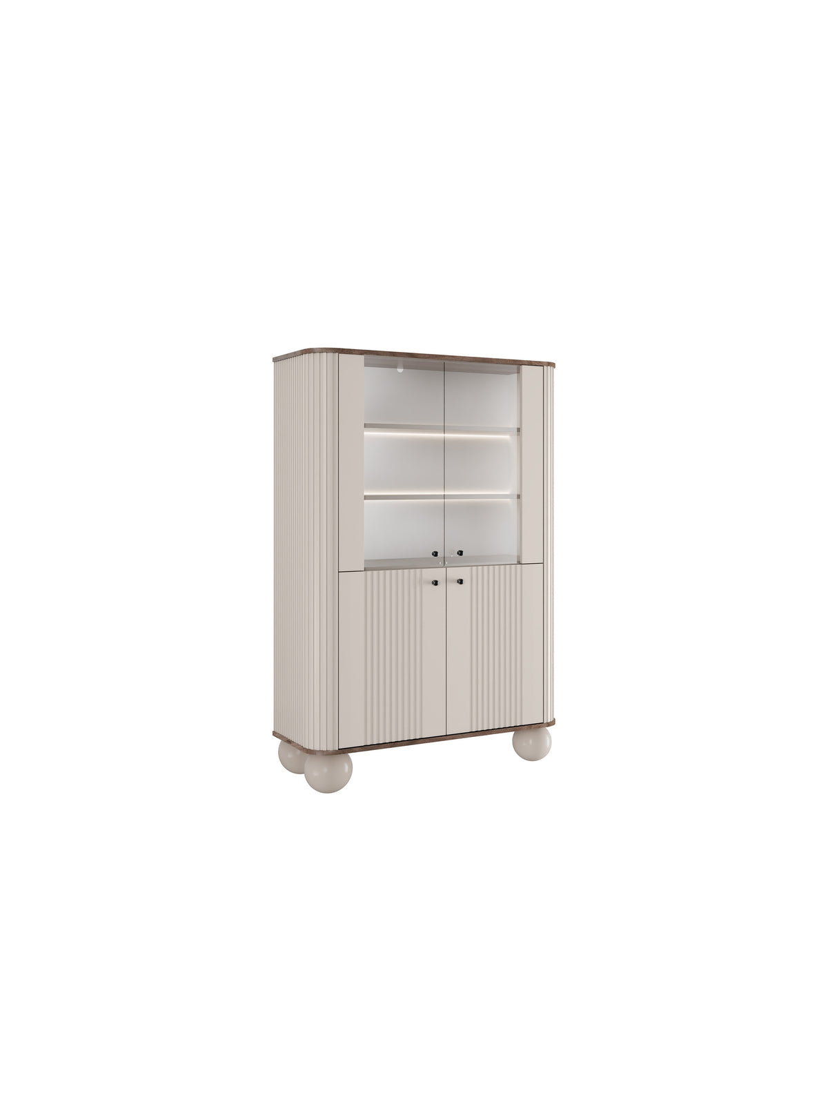 Witryna Vesper 103 cm czterodrzwiowa w kolorze kaszmir z orzechowym blatem i czarnymi uchwytami