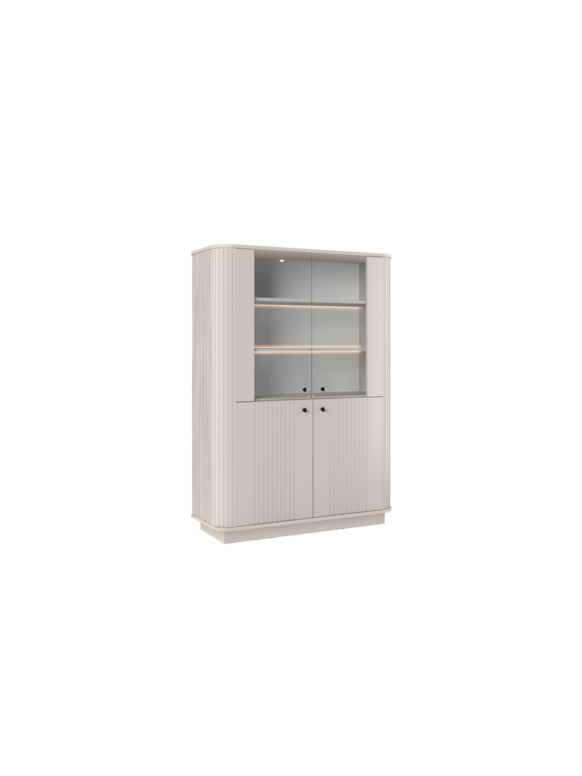 Witryna Vesper 103 cm czterodrzwiowa na cokole w kolorze kaszmir z czarnymi uchwytami