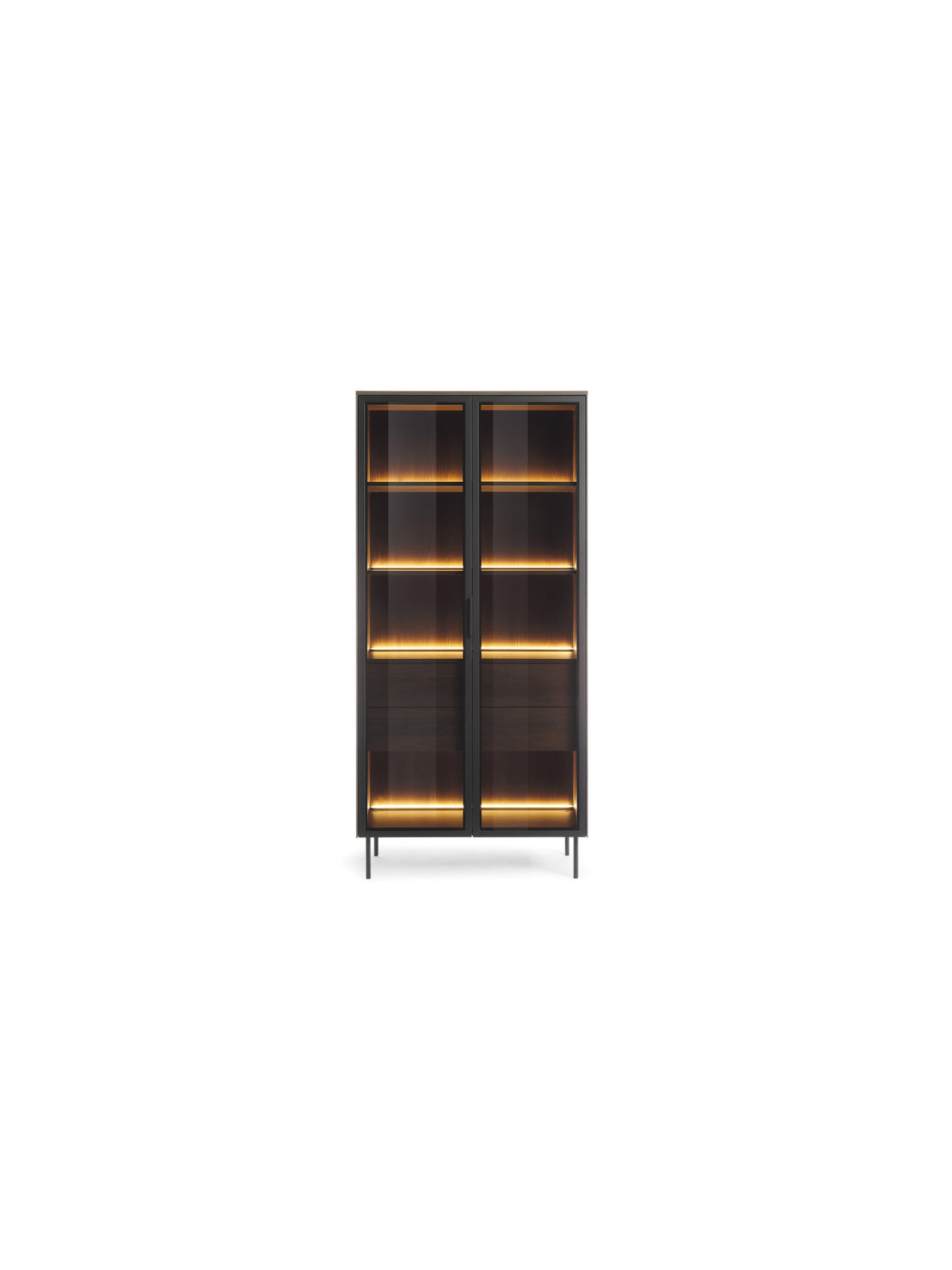 Witryna wysoka Auri 91 cm z oświetleniem LED, front i korpus dąb dunin, czarne uchwyty i nóżki