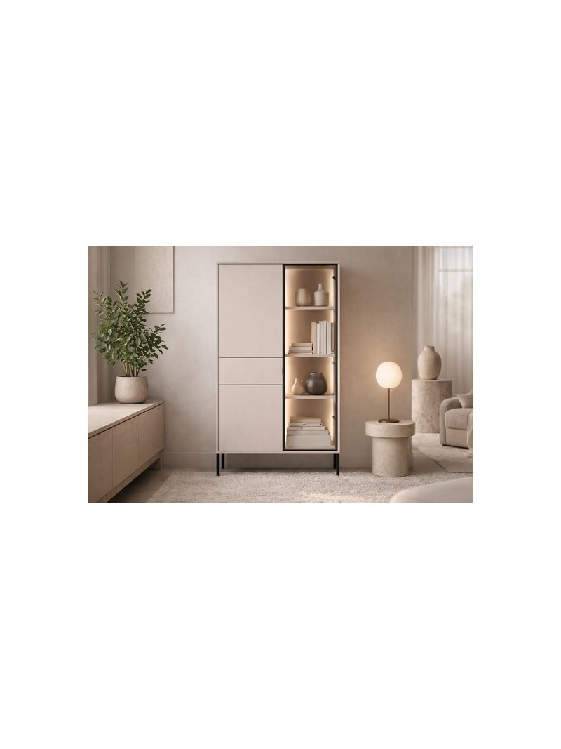 Witryna wysoka Harmona 92 cm w kolorze kaszmir z czarnymi nóżkami i LED