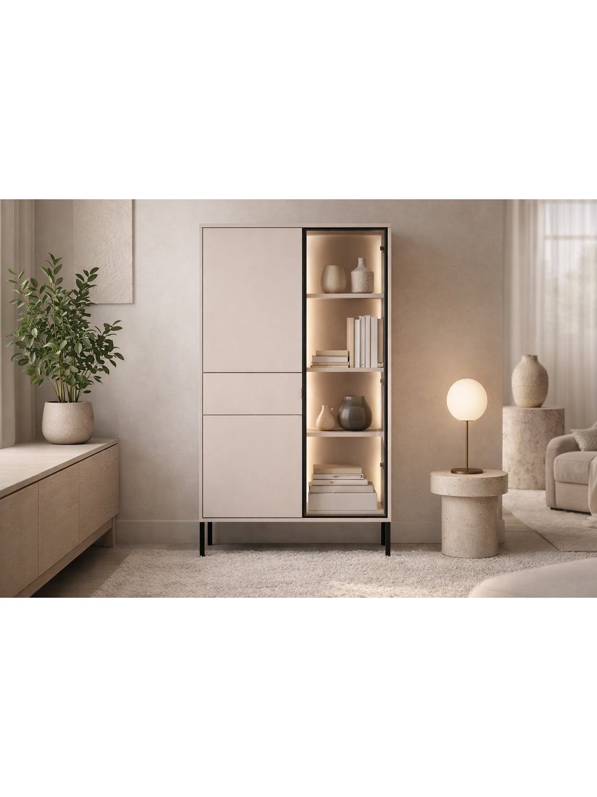 Witryna wysoka Harmona 92 cm w kolorze kaszmir z czarnymi nóżkami i LED