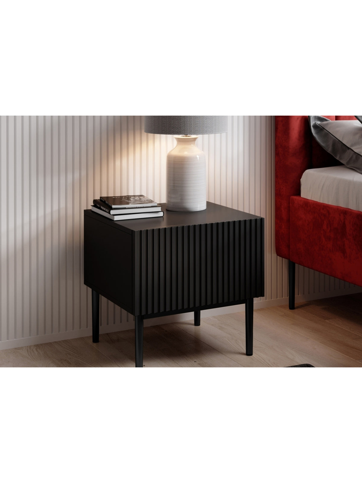 Zestaw szafek nocnych Nicole 46 cm czarny mat ryflowany front czarne nóżki