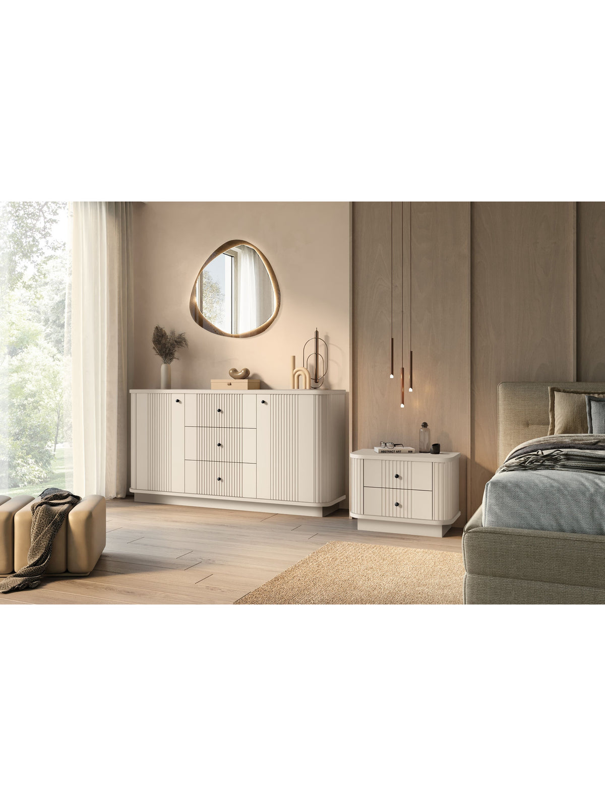 Zestaw szafek nocnych Vesper 56 cm kaszmir z czarnymi uchwytami i cokółem