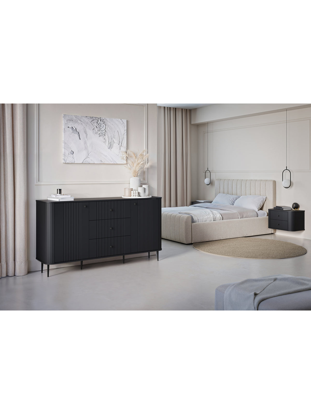 Zestaw szafek nocnych wiszących Vesper 56 cm w czarnym macie z czarnymi uchwytami