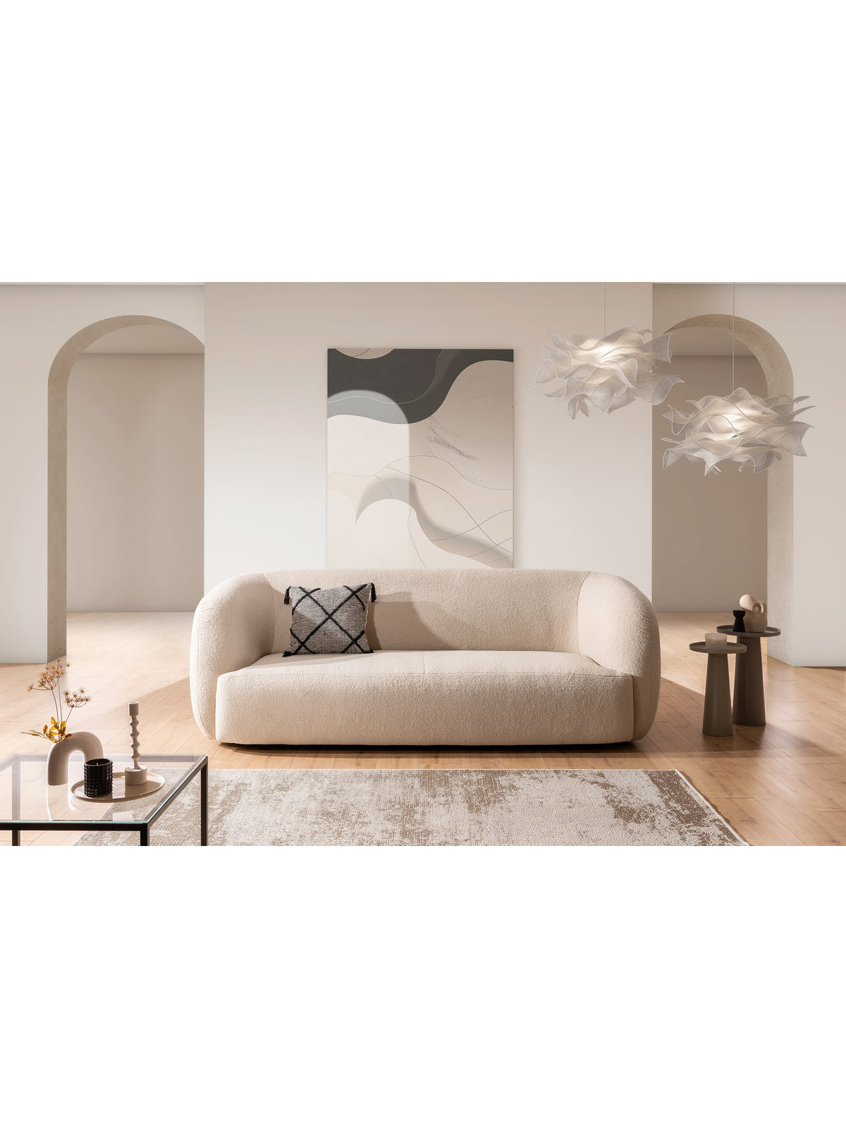 Sofa do salonu Dalin III w jasnobeżowym kolorze, nowoczesny design, widok z przodu