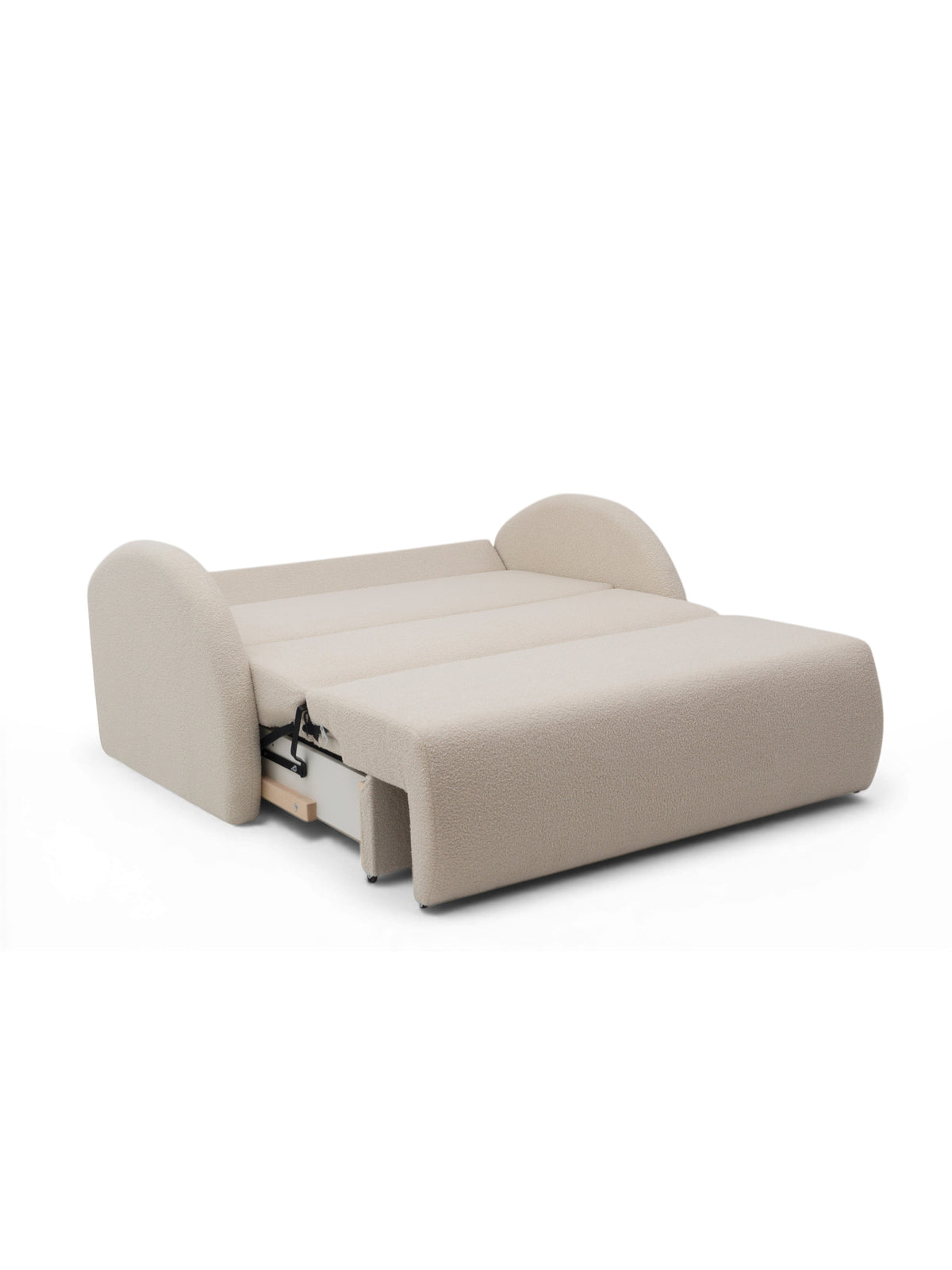 Sofa rozkładana Nubi dwuosobowa 120 cm beżowa z pojemnikiem, rozłożona wózkiem Klik-Klak