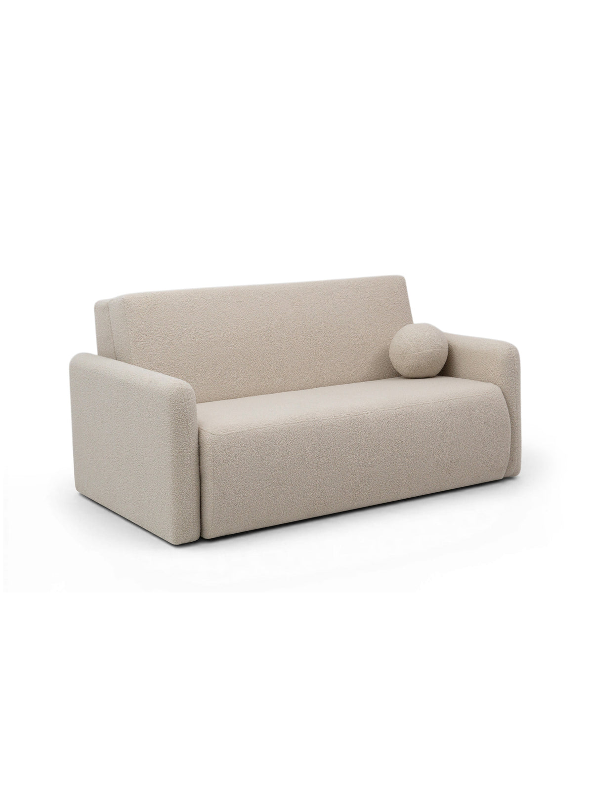 Sofa rozkładana Nido dwuosobowa jasny beżowy boucle widok frontowy z poduszką