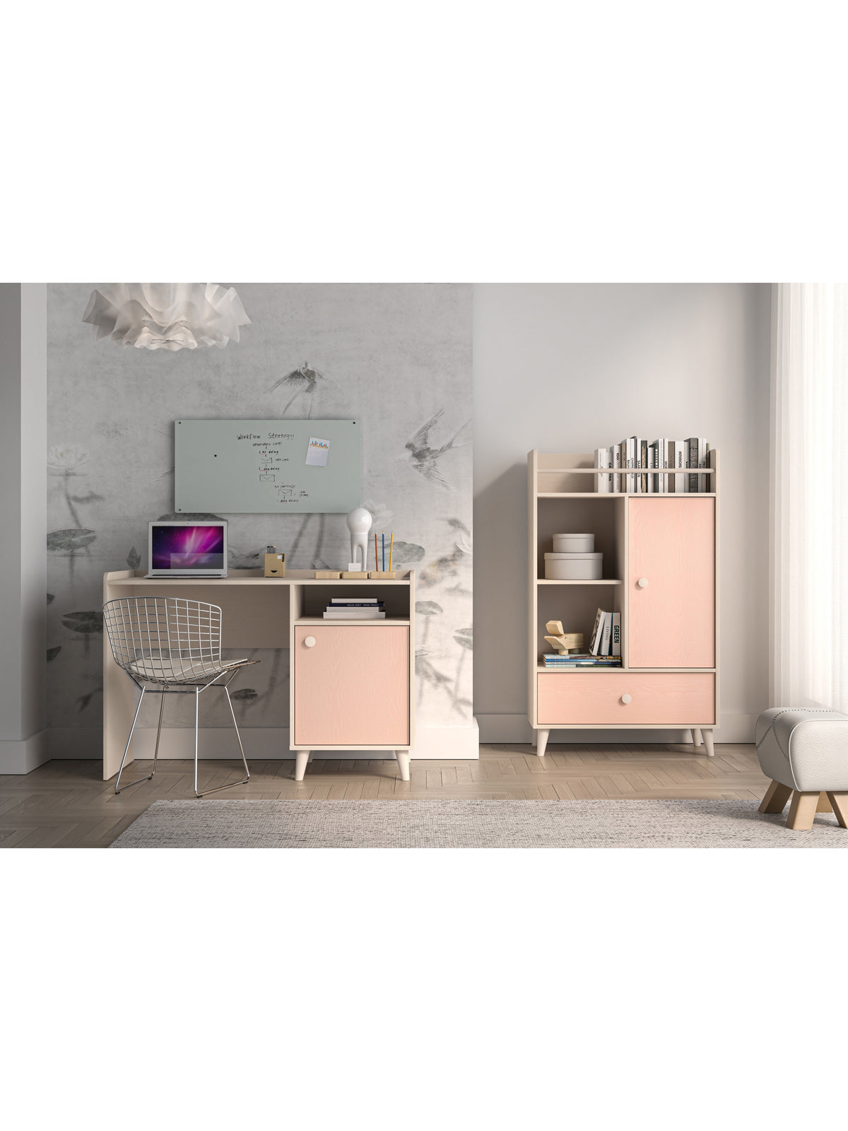 Biurko dziecięce Marla 120 cm w kolorze piasek pustyni z różowym frontem millenial pink, widok z boku