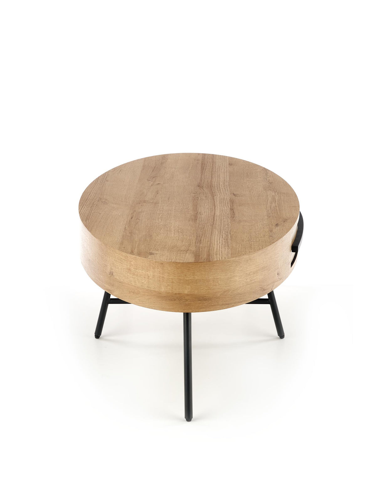 Stolik kawowy Grisano z szufladą, okrągły blat dąb złoty, czarne nogi, widok z góry