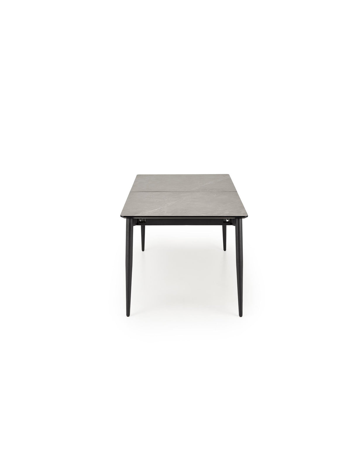 Stół rozkładany Forge 180-260x90 cm z popielatym marmurowym blatem i czarnymi nogami, widok z góry