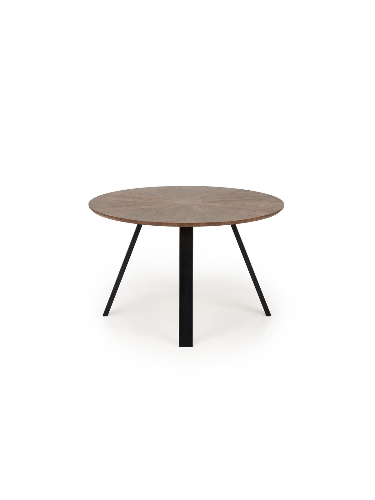 Stół okrągły Vexo 120 cm z blatem orzech i czarnymi nogami w stylu Modern Organic