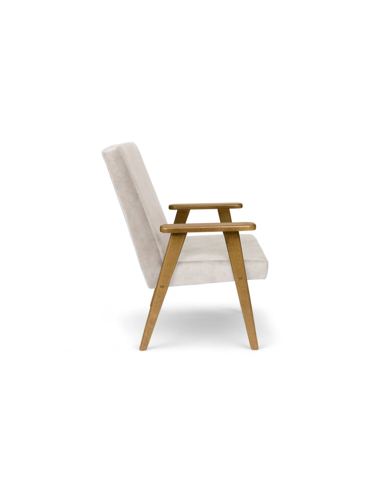 Fotel Klubowy PRL w stylu Mid-Century Modern, profil z widocznym drewnianym szkieletem i jasnym obiciem