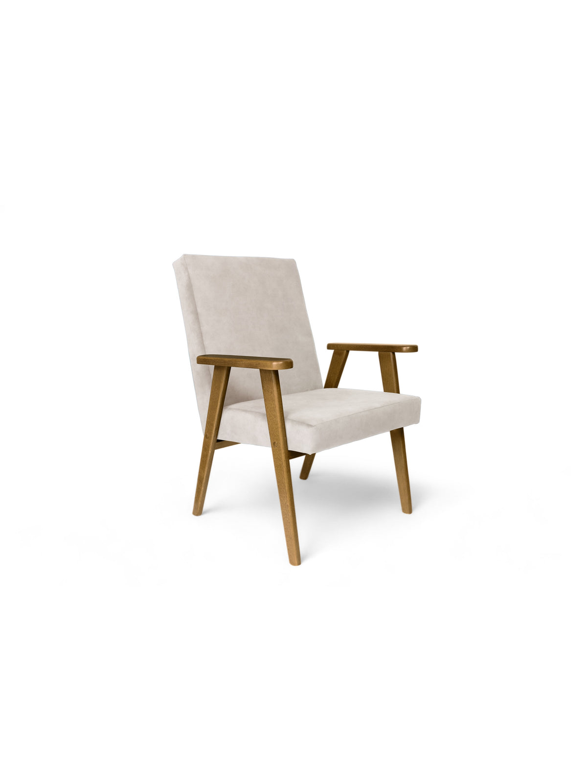 Fotel Klubowy PRL z jasnym tapicerowanym siedziskiem na drewnianych nogach, styl Mid-Century Modern