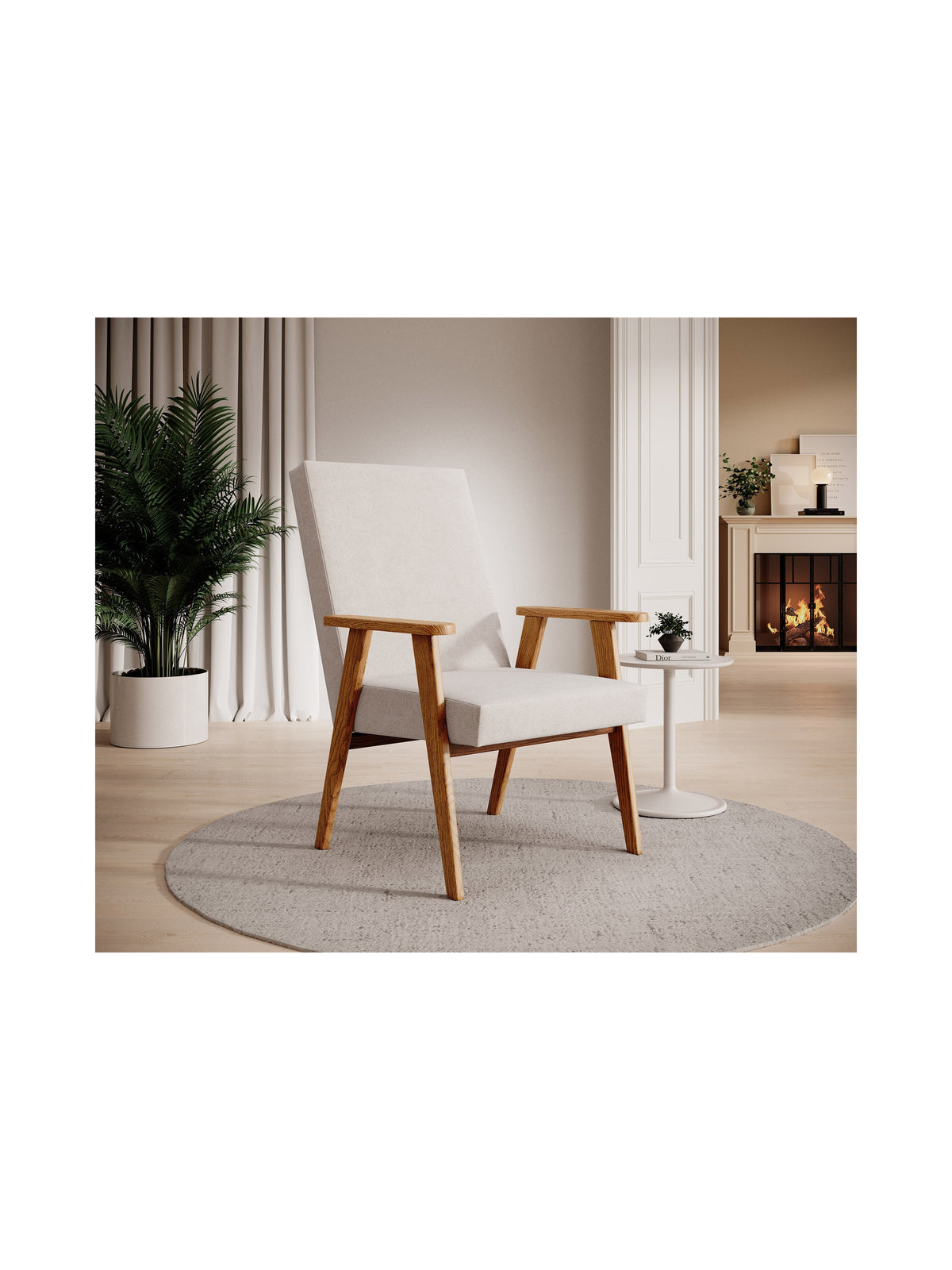 Fotel Klubowy PRL w stylu Mid-Century Modern z drewnianym stelażem i jasnym obiciem