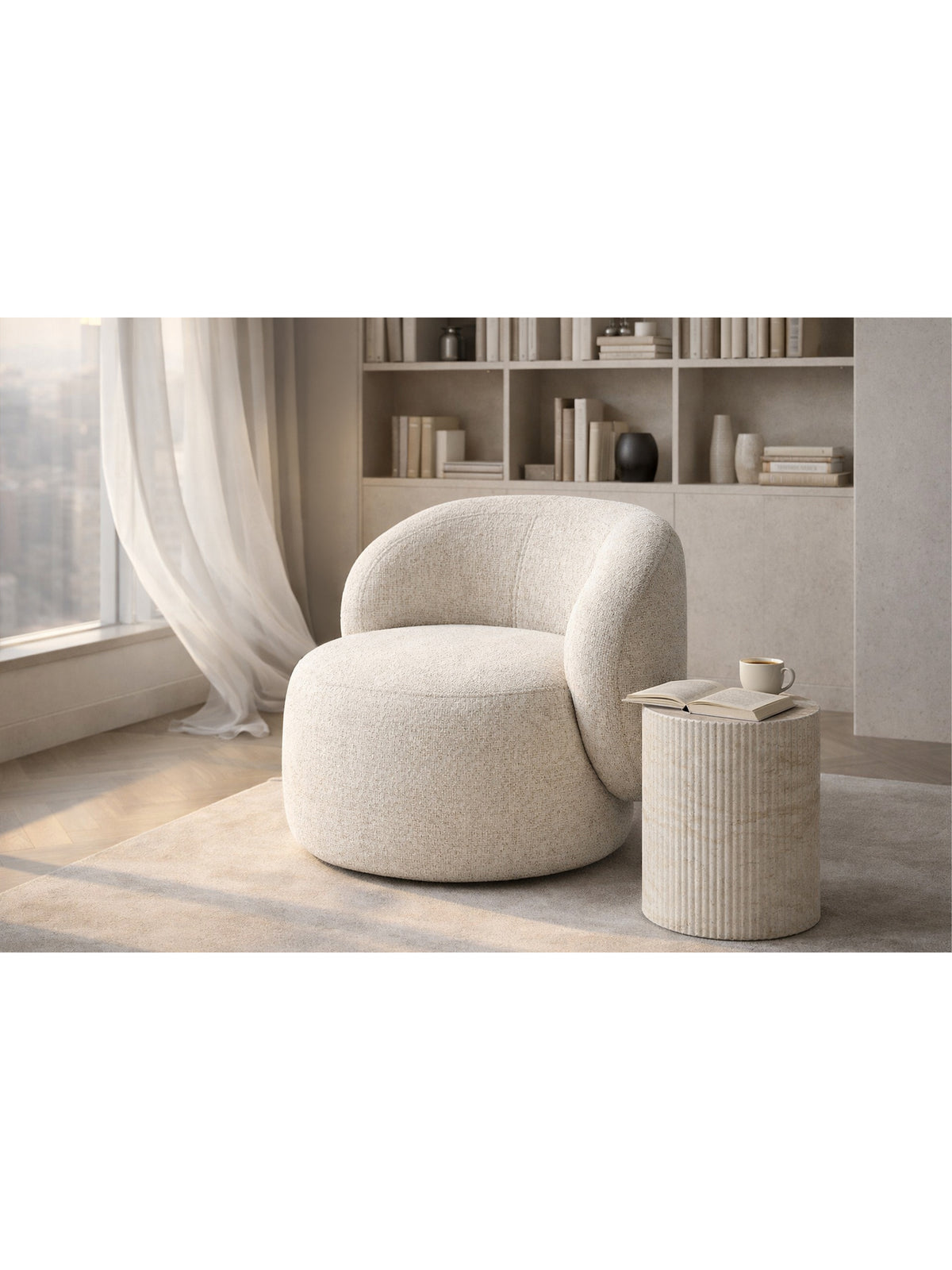 Fotel wypoczynkowy Calmi obrotowy kremowy szenil Bella 05 z nowoczesnym designem