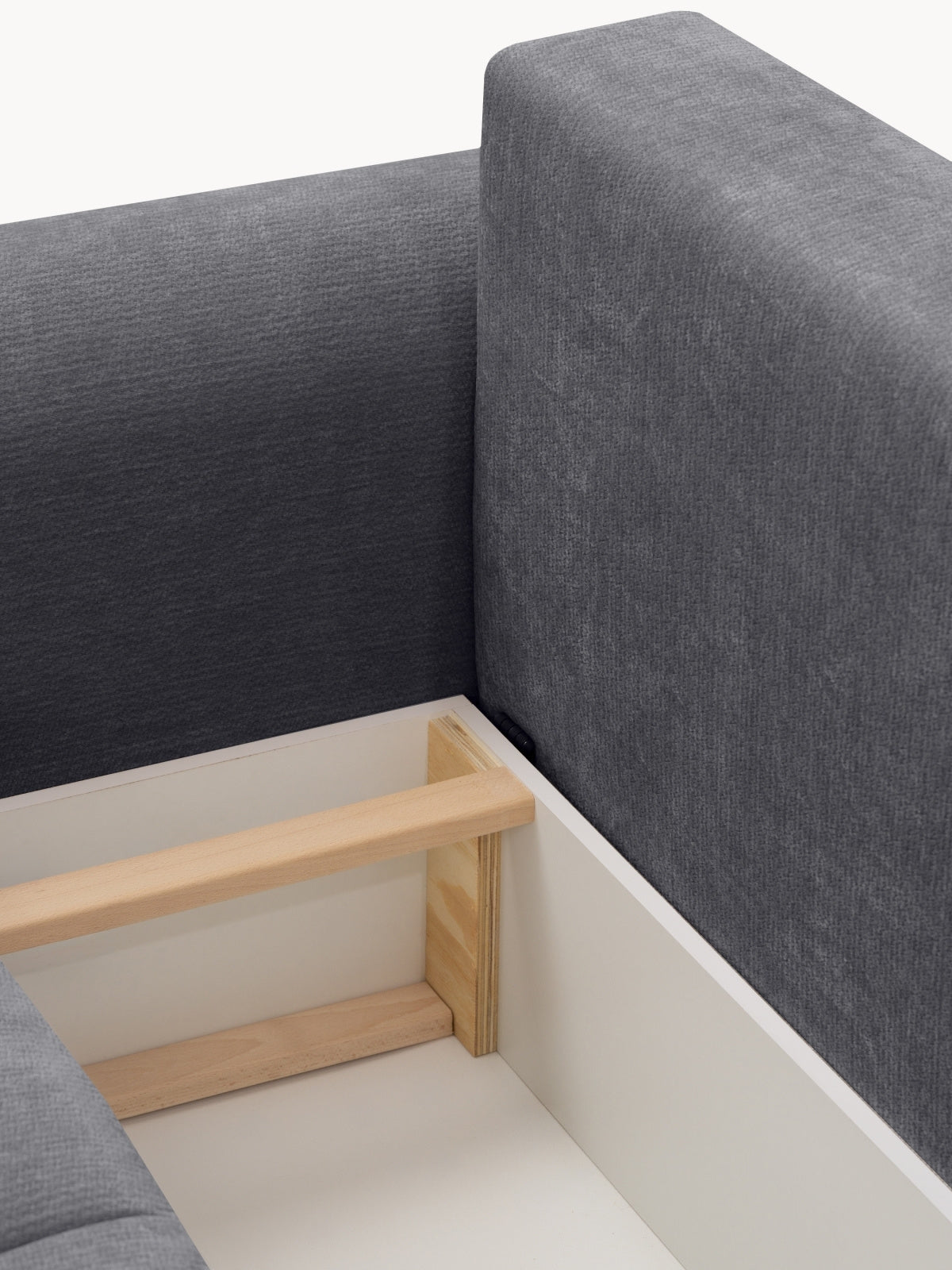 Sofa Lutario rozkładana, szary szenil Vibe 95, widok na schowek i bok