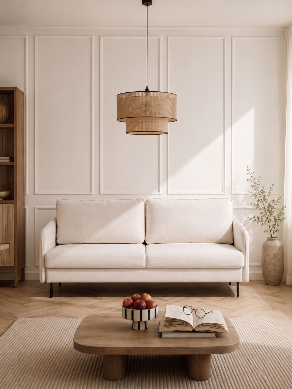 Kanapa z funkcją spania Movani beżowa plecionka Loft 01 z czarnymi nogami, widok frontalny