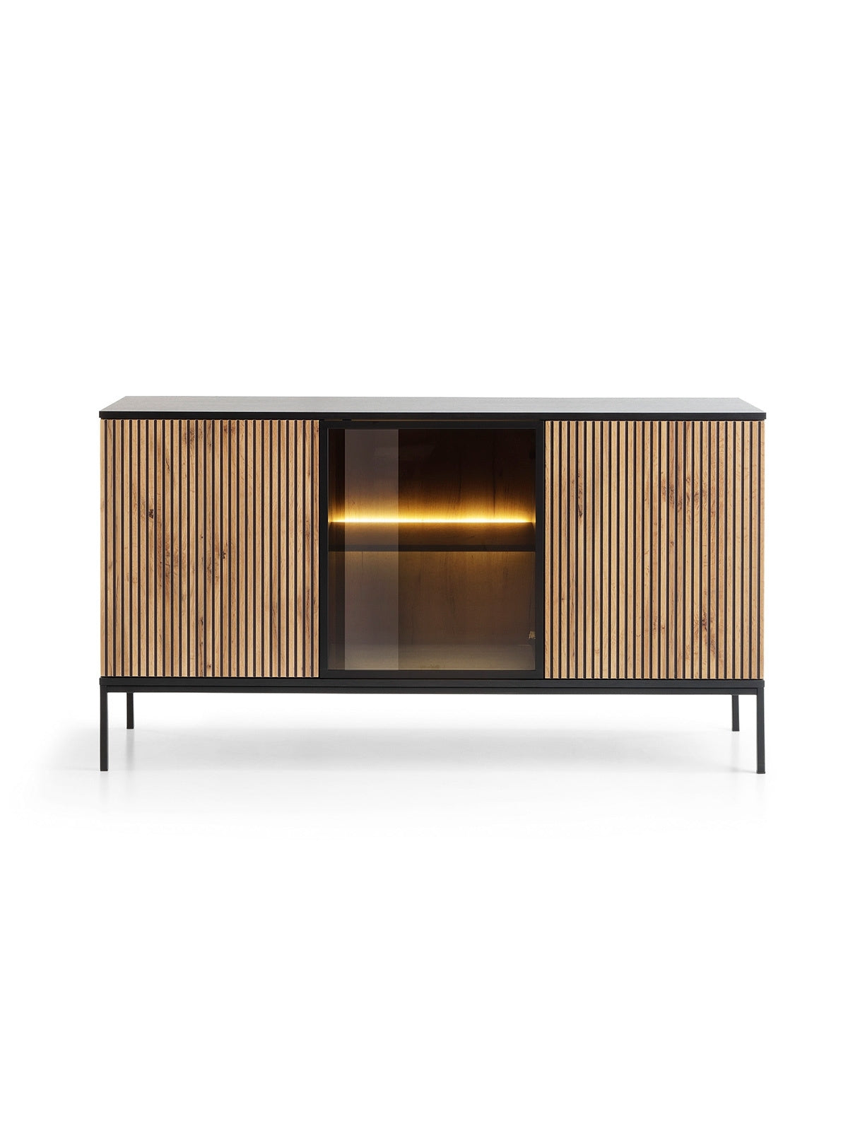 Komoda trzydrzwiowa Bogalo 154 cm czarny korpus, front ryflowany dąb wotan, LED