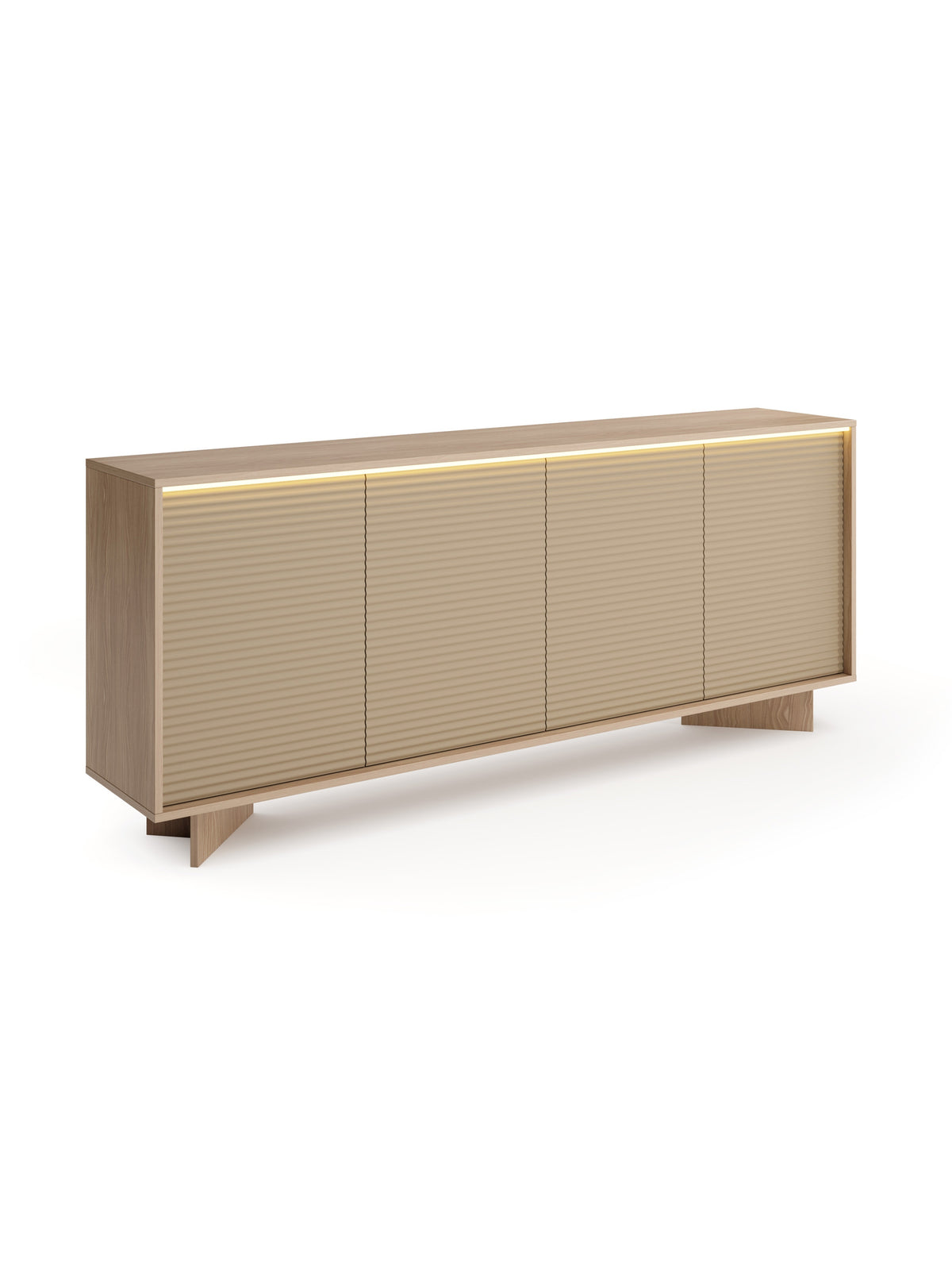 Komoda czterodrzwiowa Erini 204 cm w kolorze bolivar naturalny i front cappuccino z oświetleniem LED
