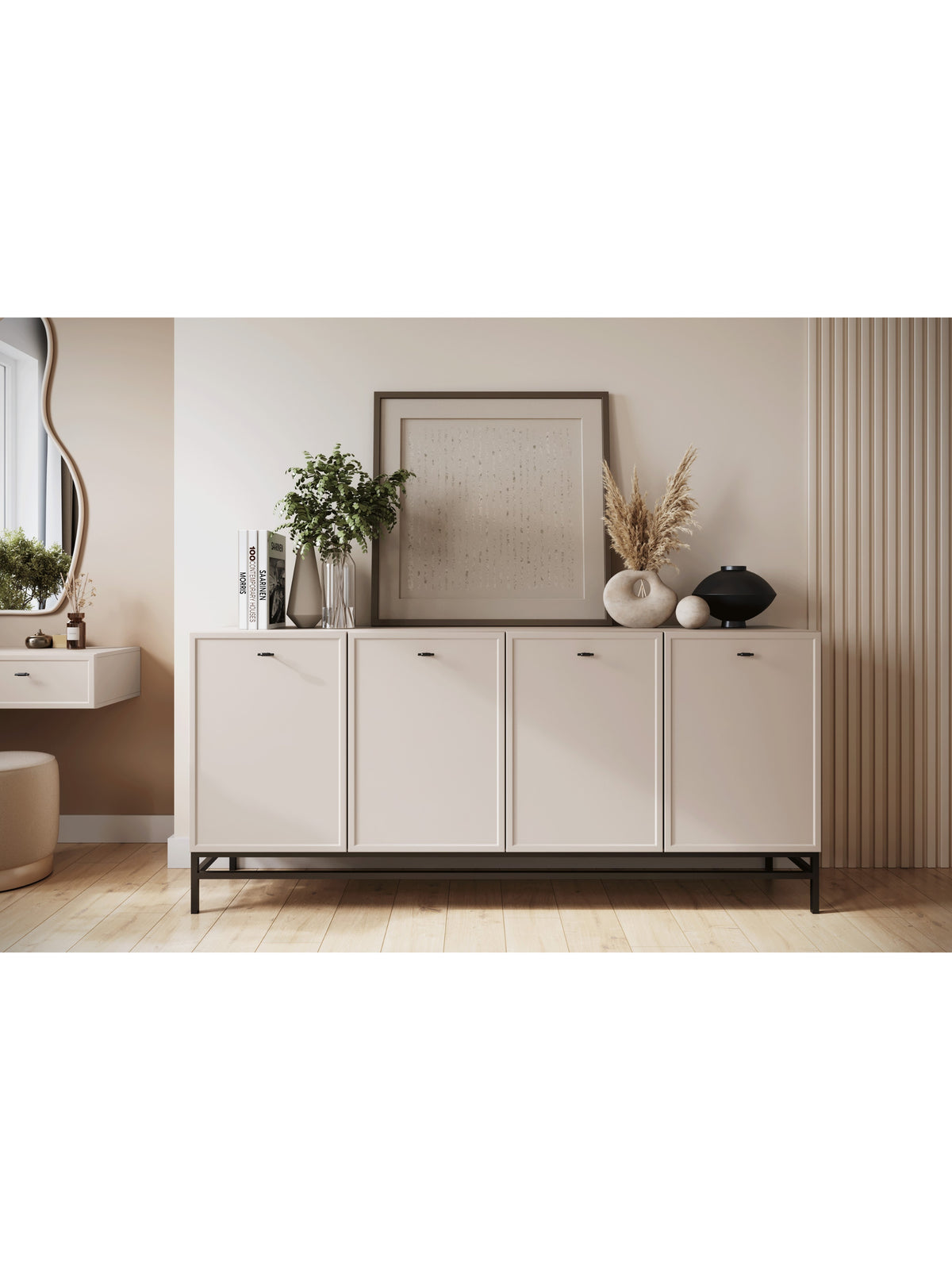 Komoda Lorini 200 cm kaszmirowa czterodrzwiowa z czarnym metalowym stelażem