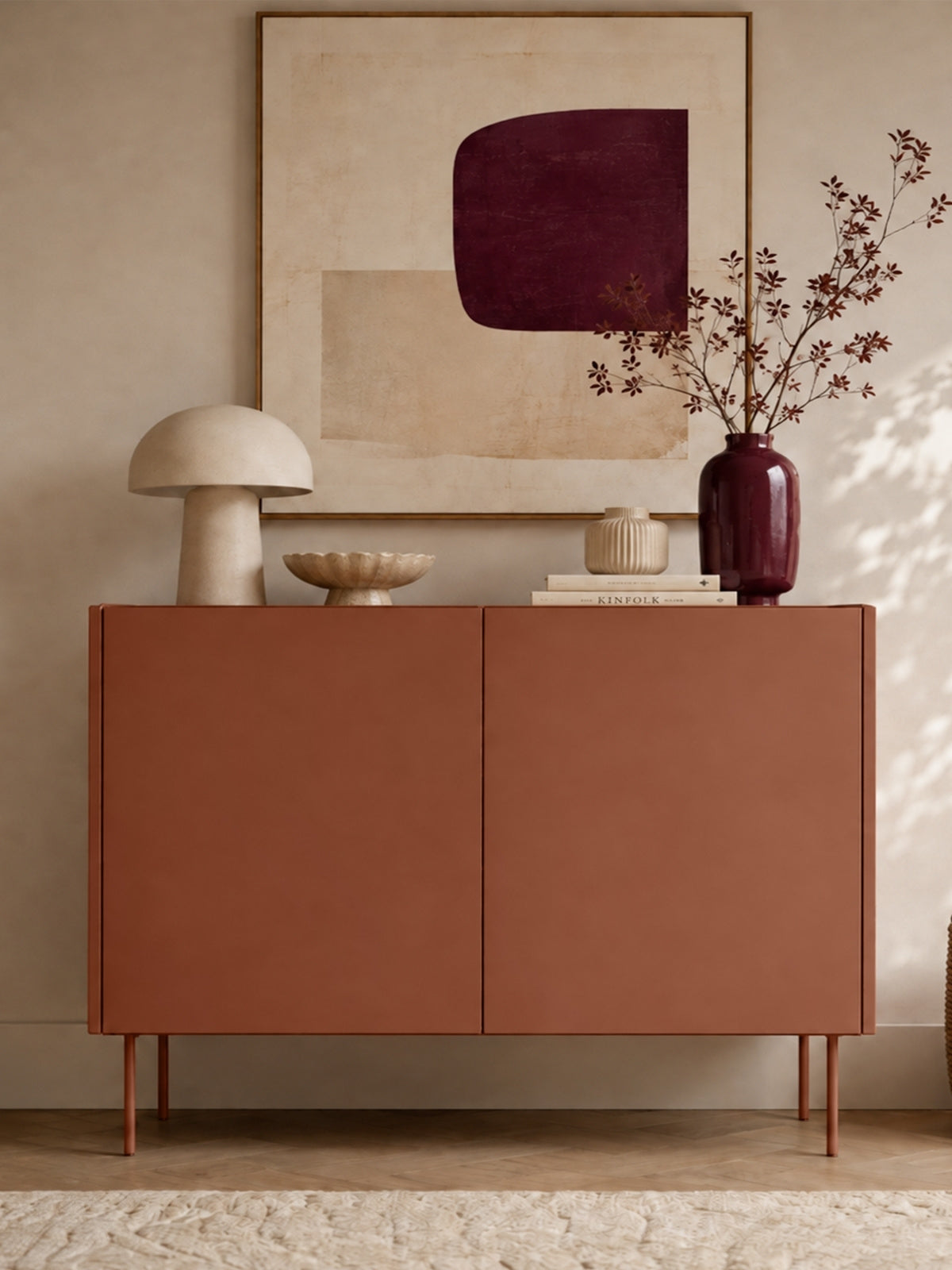 Komoda Desin 120 cm dwudrzwiowa z dwiema ukrytymi szufladami - czerwony / ceramic red / dąb nagano