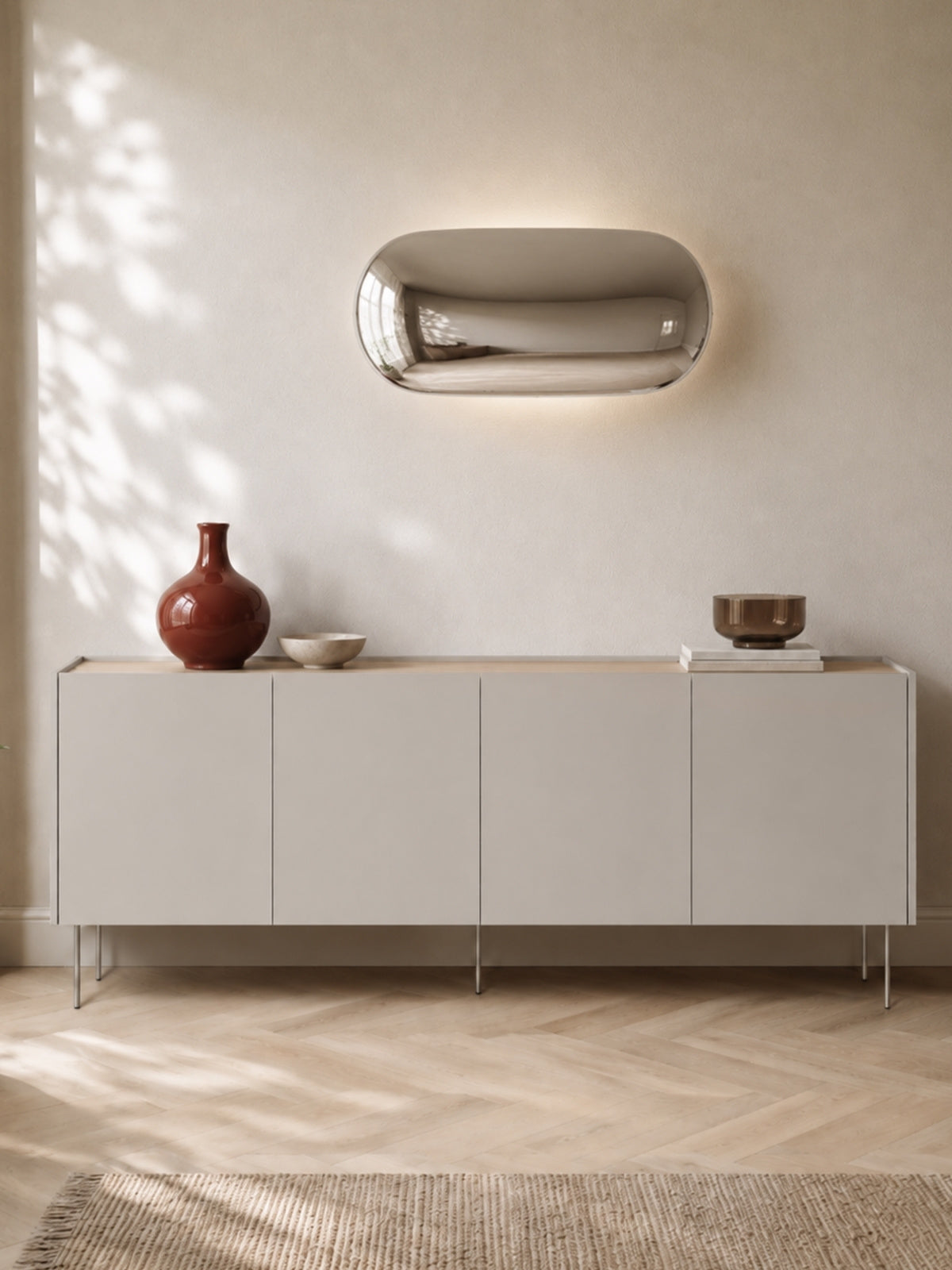 Komoda Desin 220 cm czterodrzwiowa w kolorze kaszmir z blatem dąb nagano