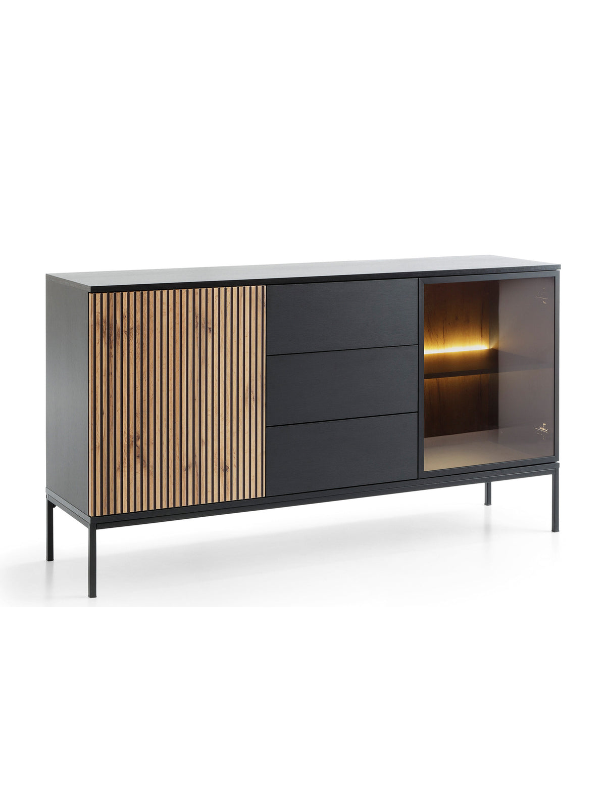 Komoda dwudrzwiowa Bogalo 154 cm z czarnym i dębowym frontem, LED i szufladami