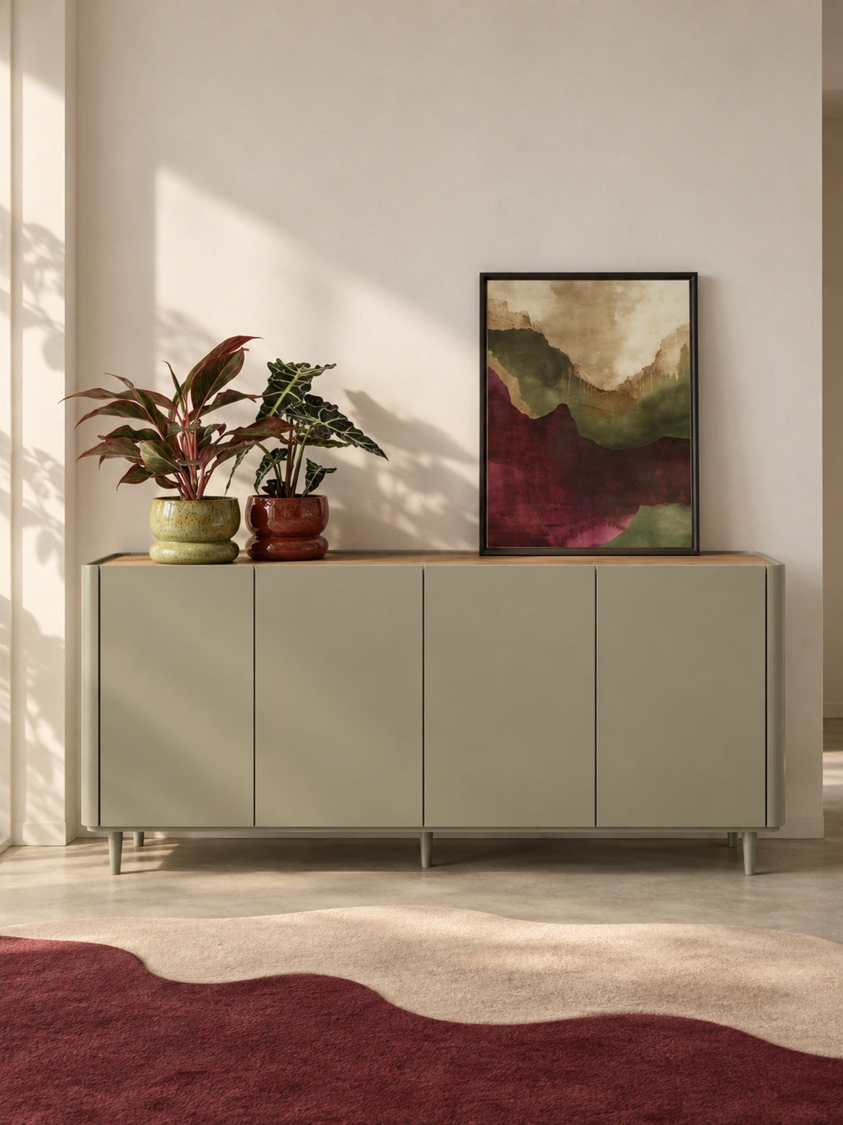 Komoda Elivo 200 cm czterodrzwiowa oliwkowa na nóżkach z blatem dąb baltic dune