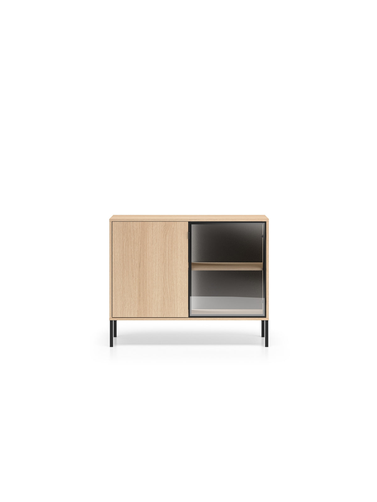 Komoda Harmona 107 cm dwudrzwiowa z oświetleniem LED, dąb lindberg, czarne nóżki