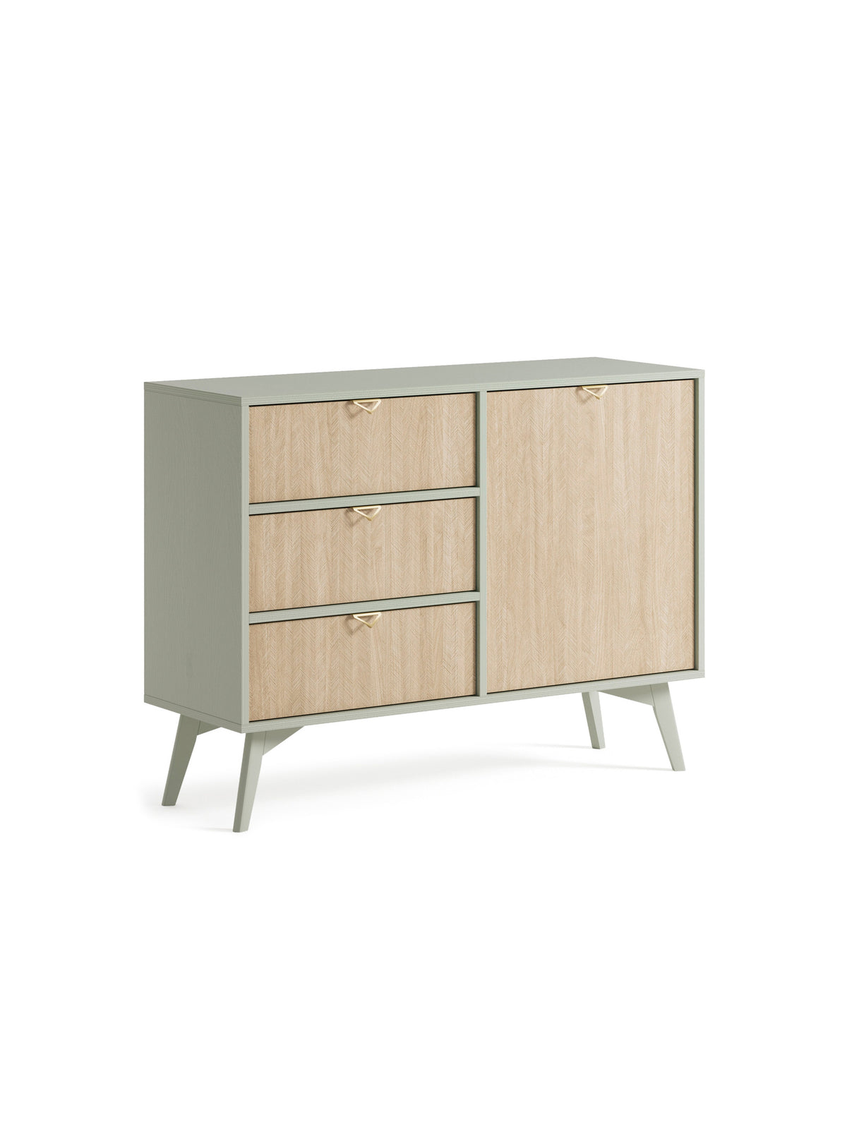 Komoda Lumira 106 cm z jednymi drzwiami i trzema szufladami, korpus eukaliptus, front jodełka scandi, uchwyty złote