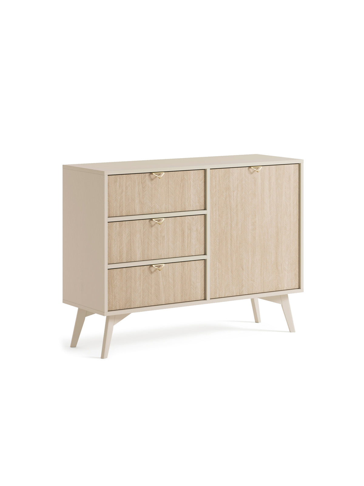 Komoda Lumira 106 cm w kolorze piaskowym z jodełką scandi, 3 szuflady i 1 drzwi