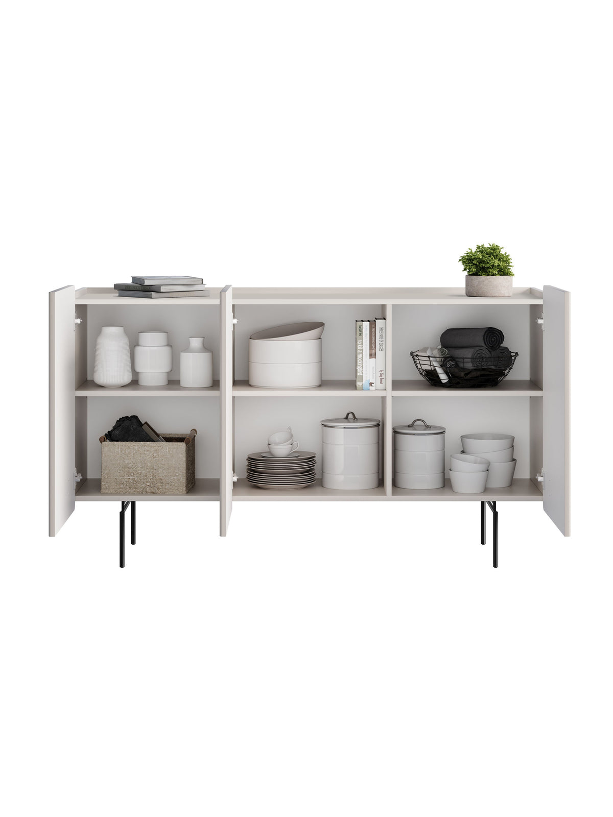Komoda Malmi 150 cm trzydrzwiowa kaszmir mat z czarnymi metalowymi nóżkami, otwarte drzwi, widok półek