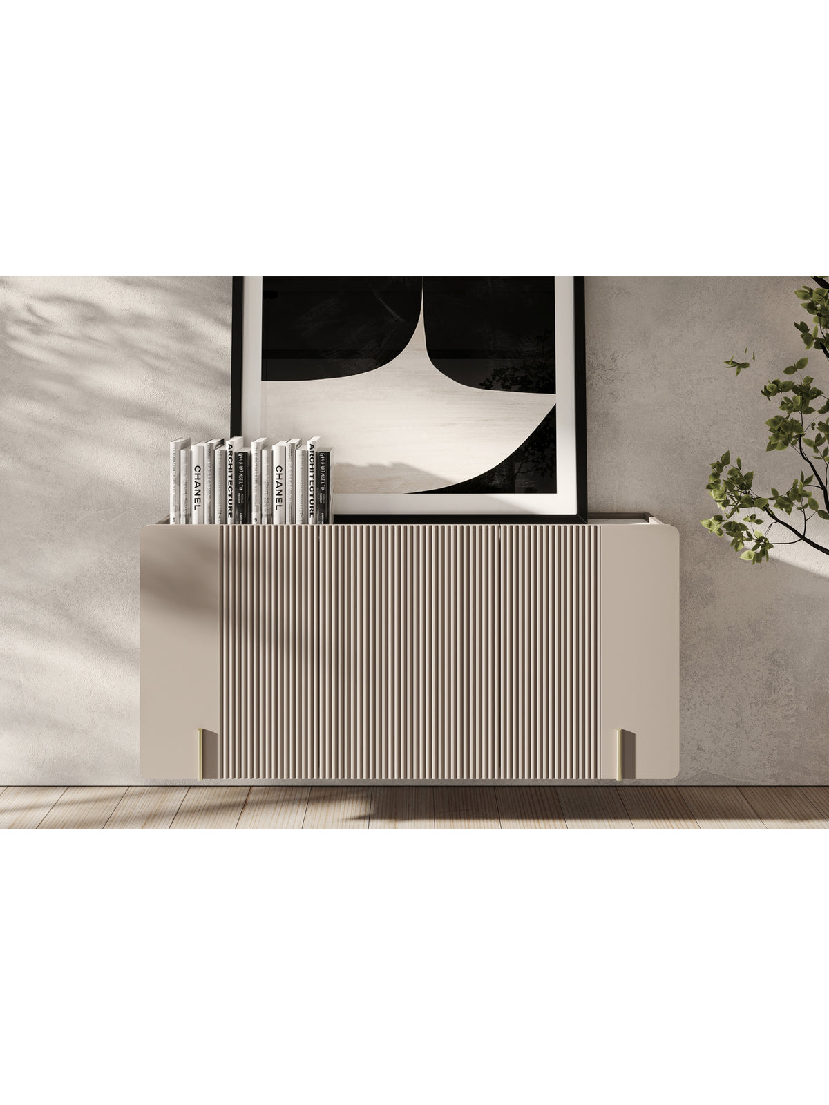 Komoda Malmi 150 cm trzydrzwiowa wisząca w kolorze kaszmir z ryflowanym frontem i blatem crema bianca