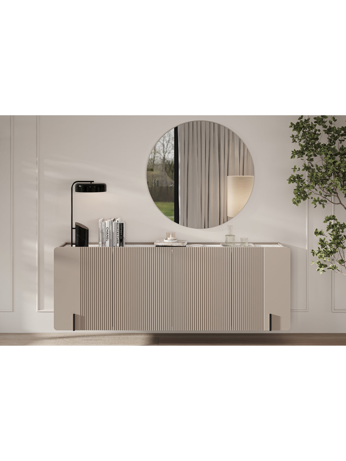 Komoda Malmi 200 cm ryflowana, wisząca w kolorze kaszmir z blatem crema bianca