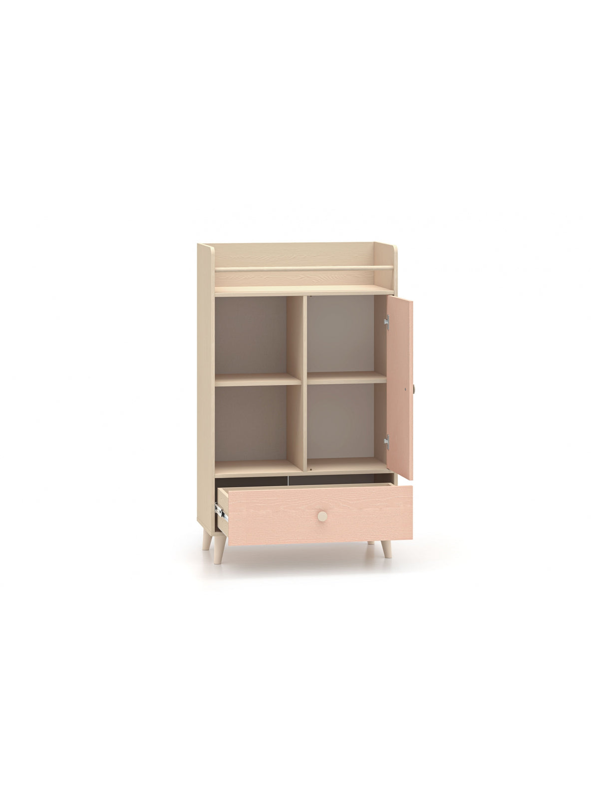 Komoda dziecięca Marla 80 cm w kolorze piasek pustyni i róż millenial pink z szufladą i półkami