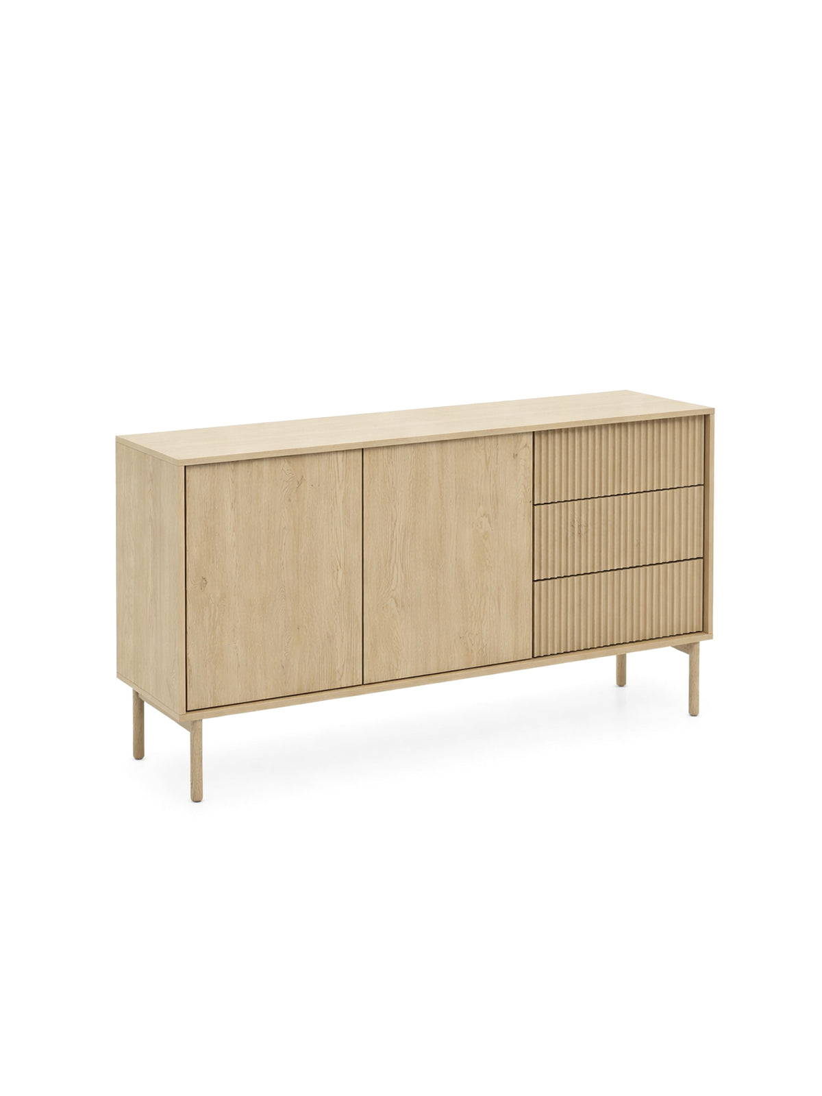 Komoda Rivio 153 cm w kolorze dąb cremona z ryflowanymi frontami i trzema szufladami